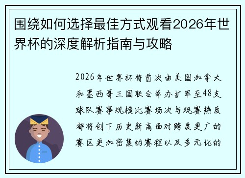 围绕如何选择最佳方式观看2026年世界杯的深度解析指南与攻略